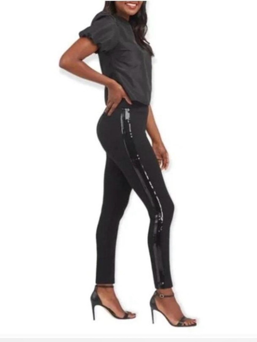 SPANX Classic Black Ponte Leggings with Sequin Side Trim Size S